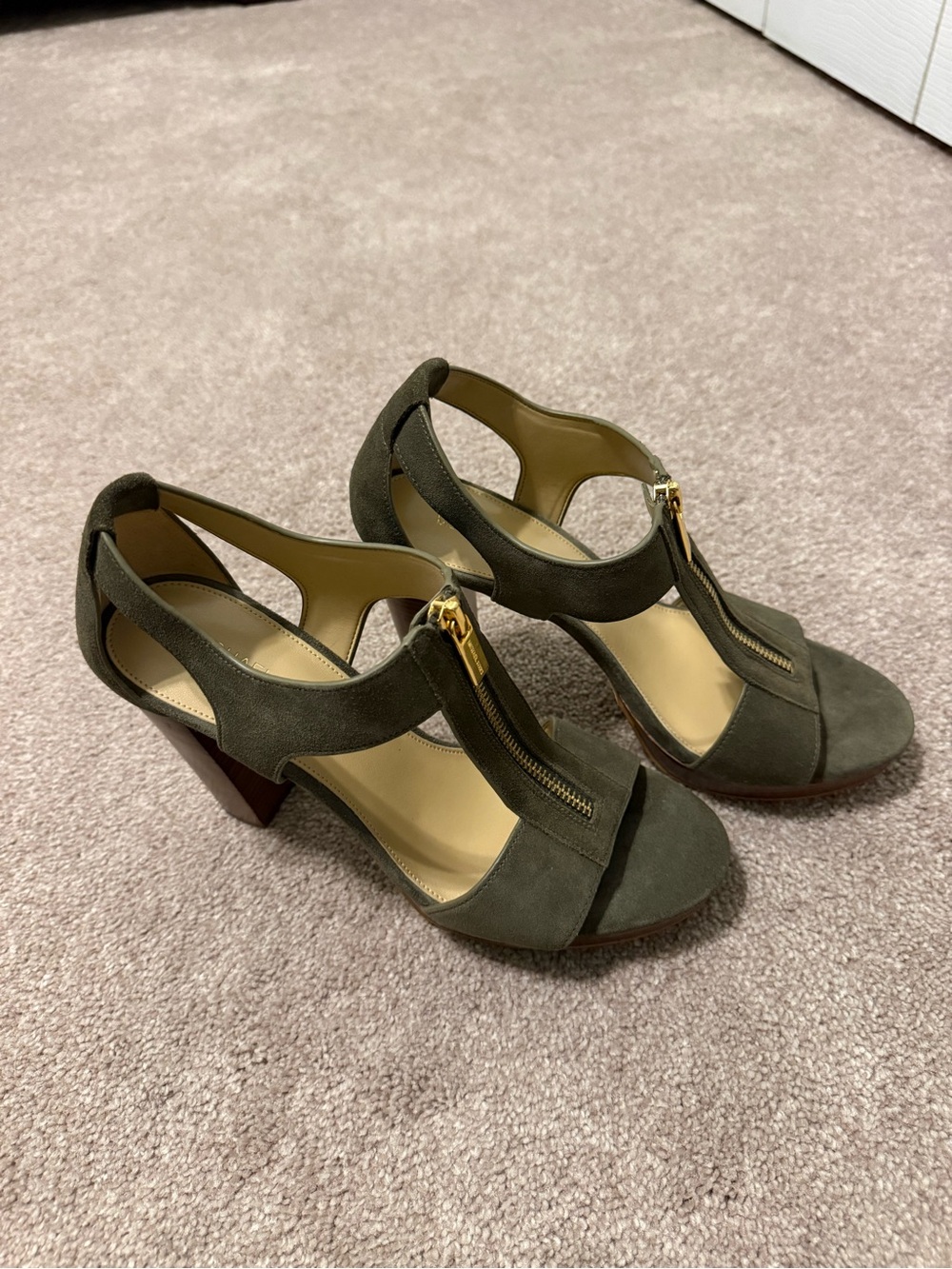 Michael Kors Olive Green Suede Zip-Front Block Heel Sandals